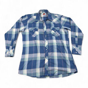 Vintage Miller Western Shirt Adult LARGE Blue White Plaid Pearl Snap Cowboy 70s